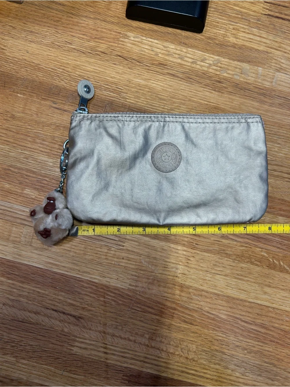 Kipling Metallic Silver Cosmetic Pouch with Monkey Charm